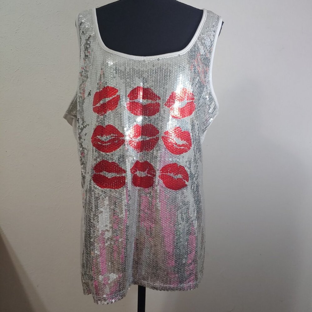 Silver Sequin Tank Top with Red Kiss Lips - 3X